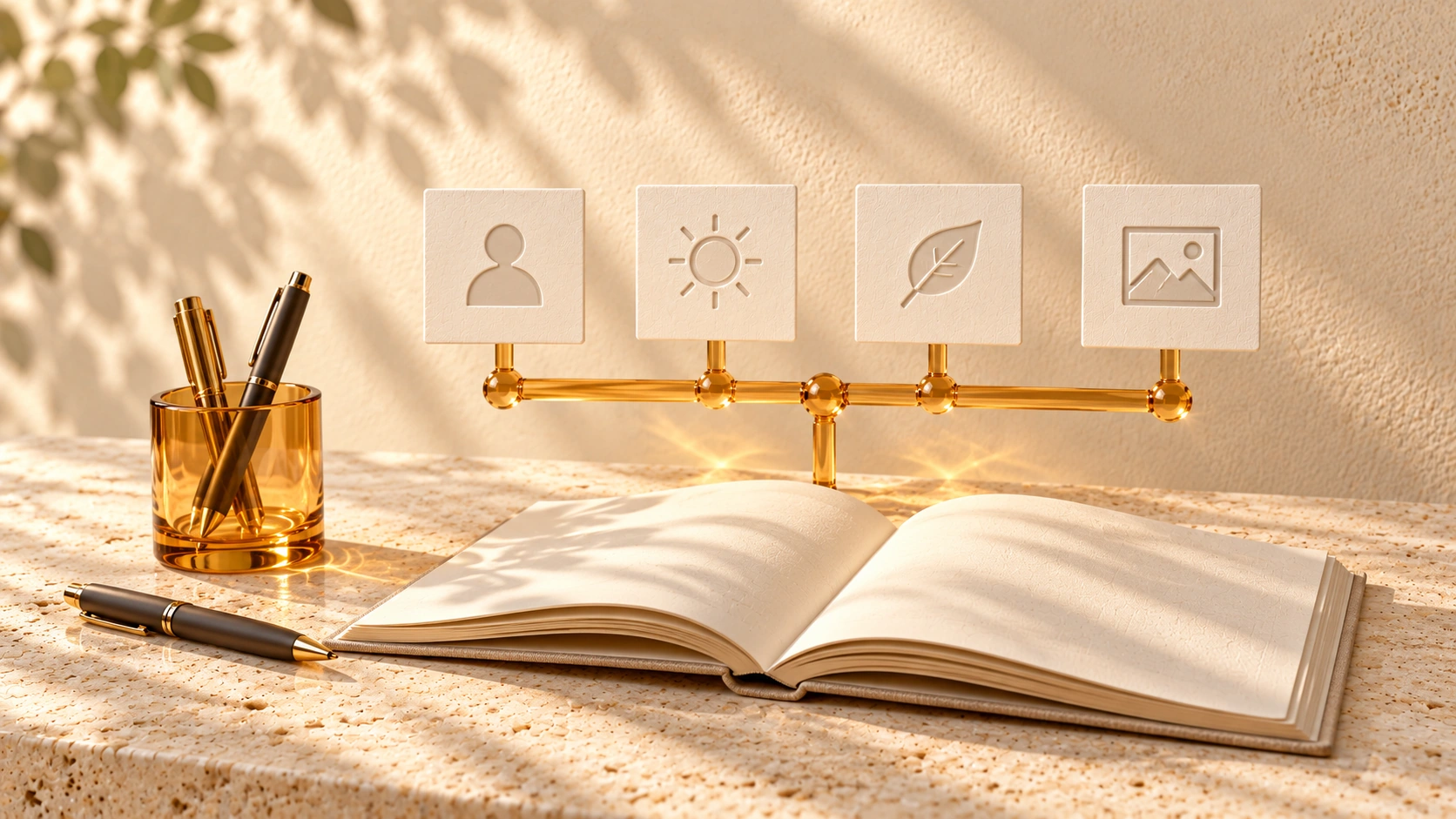 An open ivory journal sits below four connected cards showing author, date, revision, and image symbols, beside amber glass writing accessories.