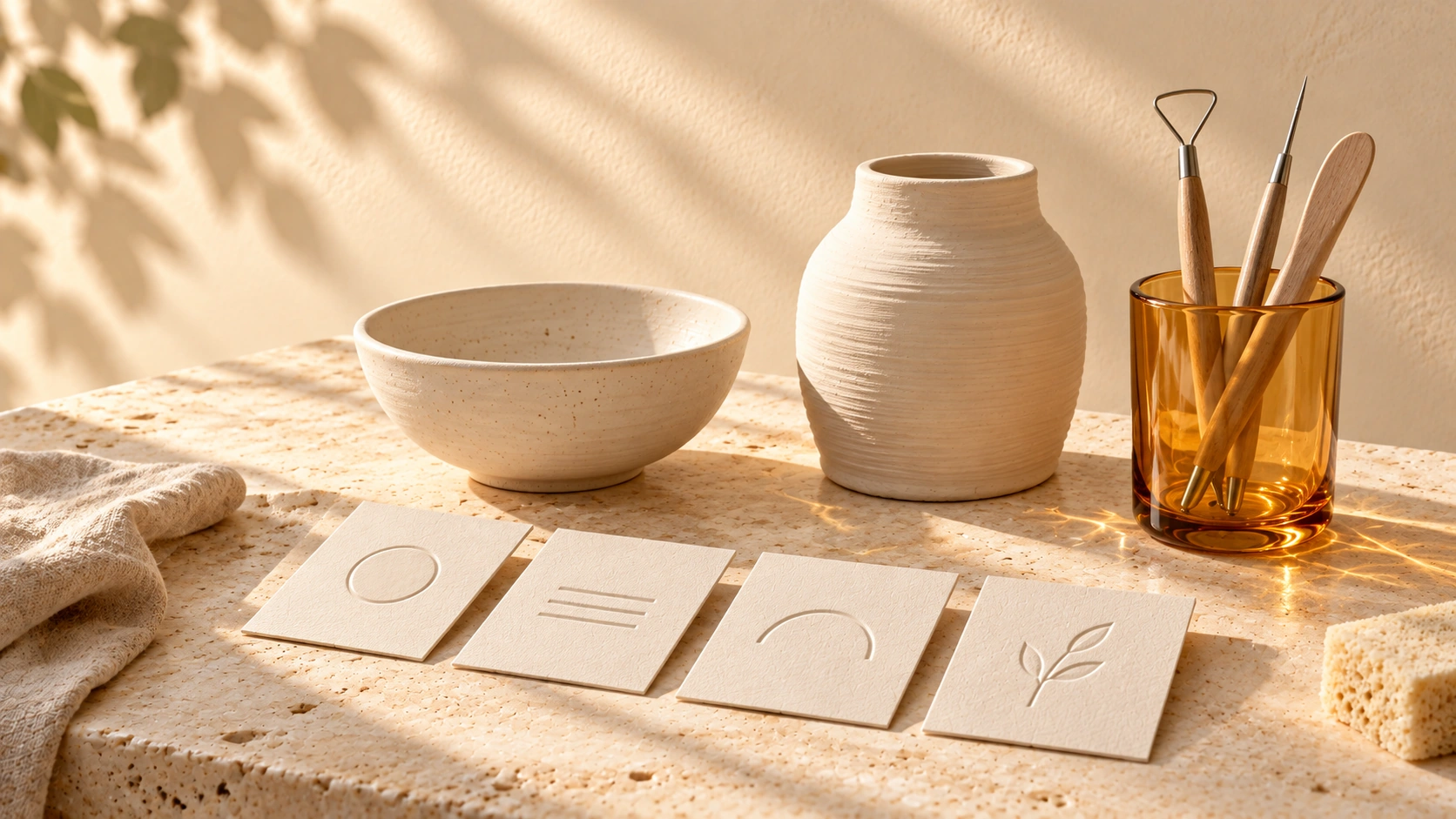 Cream ceramic vessels, sculpting tools in an amber glass cup, and four embossed ivory cards on a pale stone workbench.