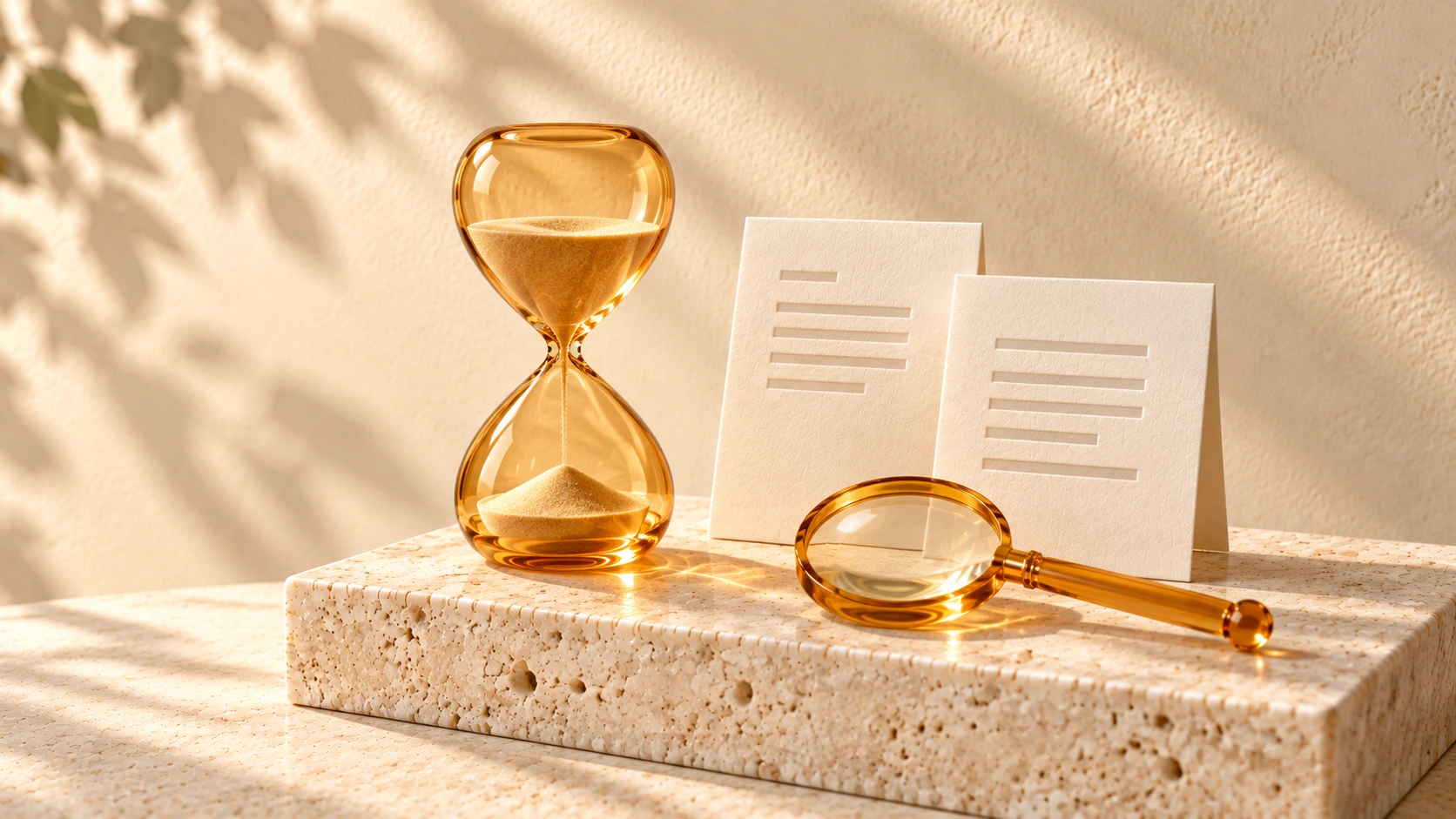 An amber glass hourglass, two ivory revision cards, and a magnifying glass arranged on sunlit travertine.