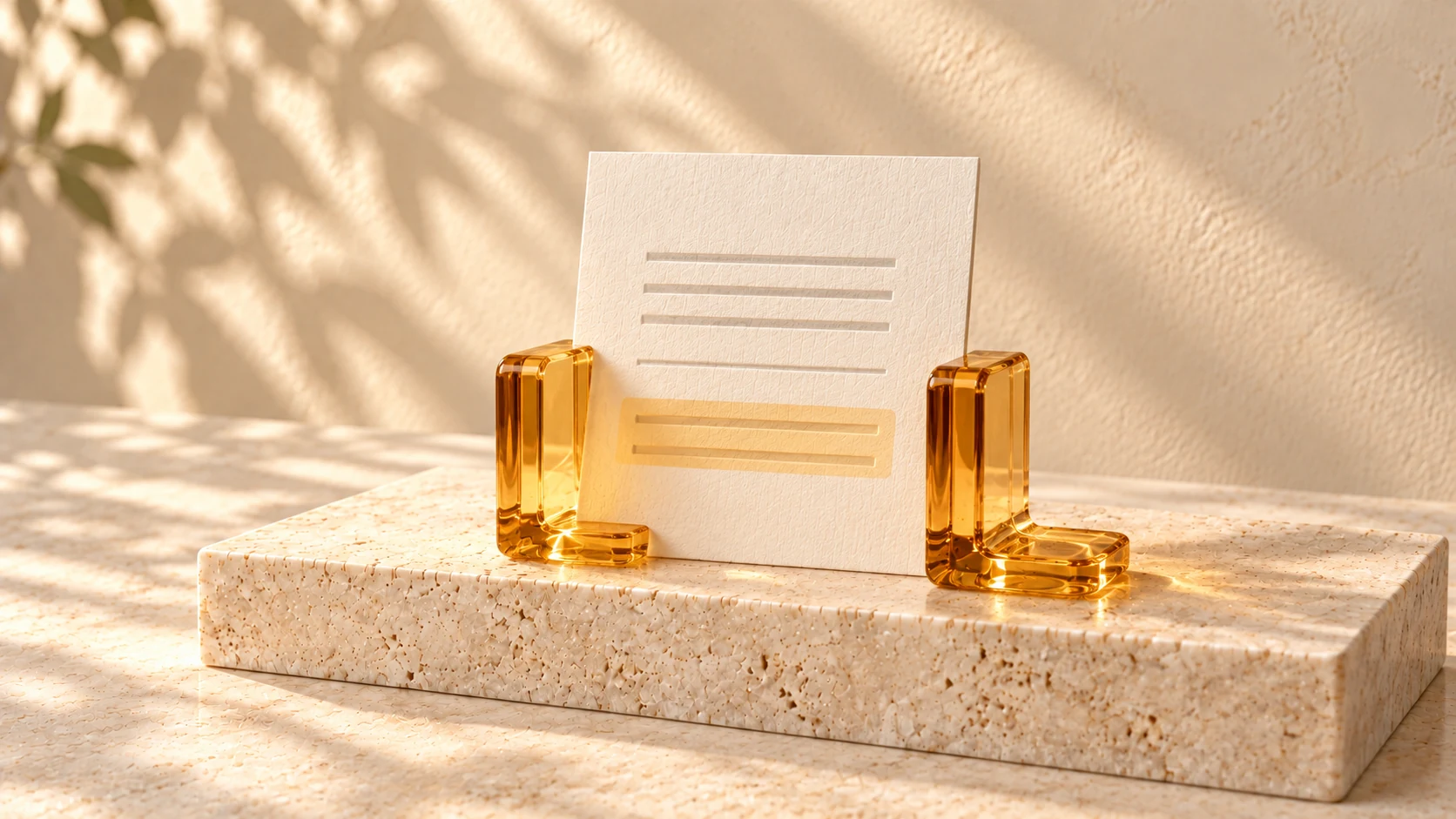 An ivory recommendation card stands between amber glass bookends, with its lower lines highlighted in amber.