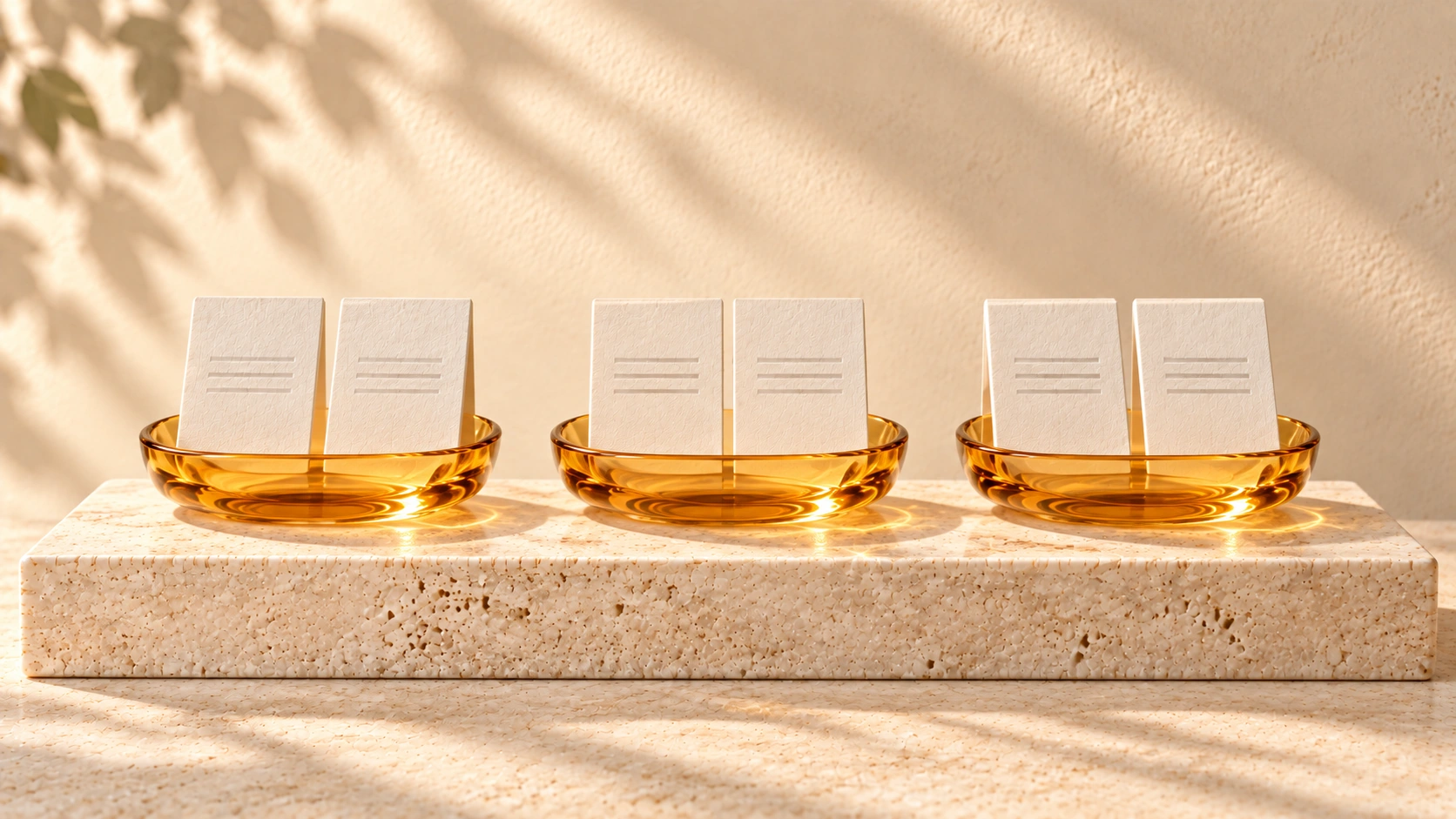 Six ivory page cards are grouped in pairs in three amber-glass trays on a travertine platform.