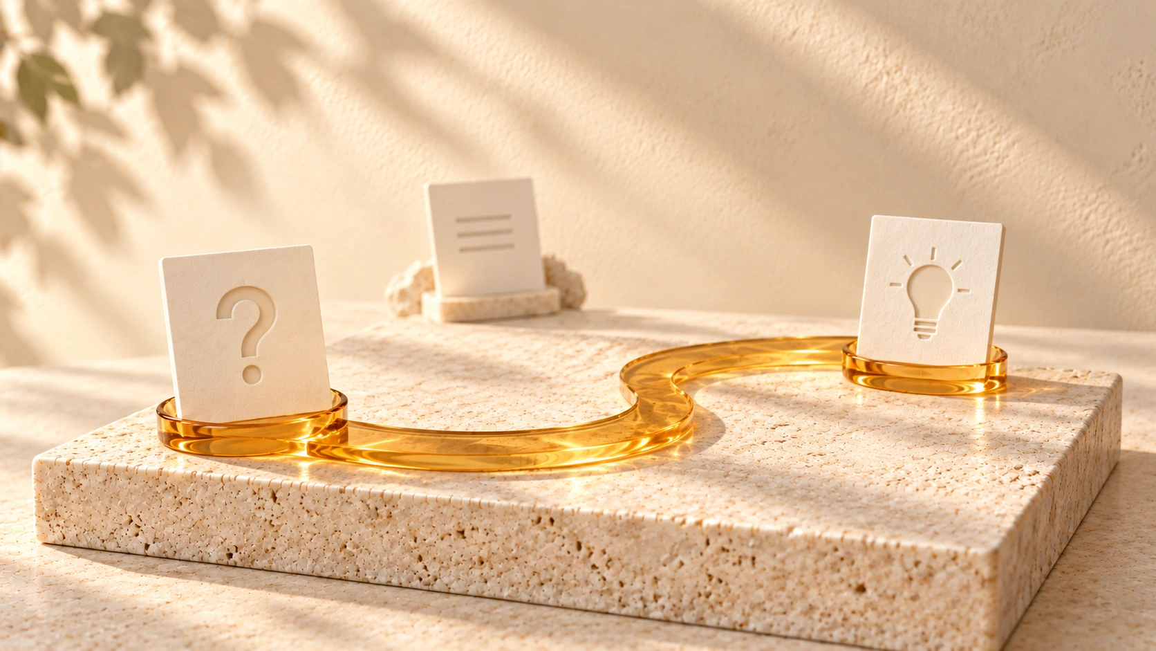 A curved amber glass path connects an ivory question card to an ivory answer card on a pale stone slab.