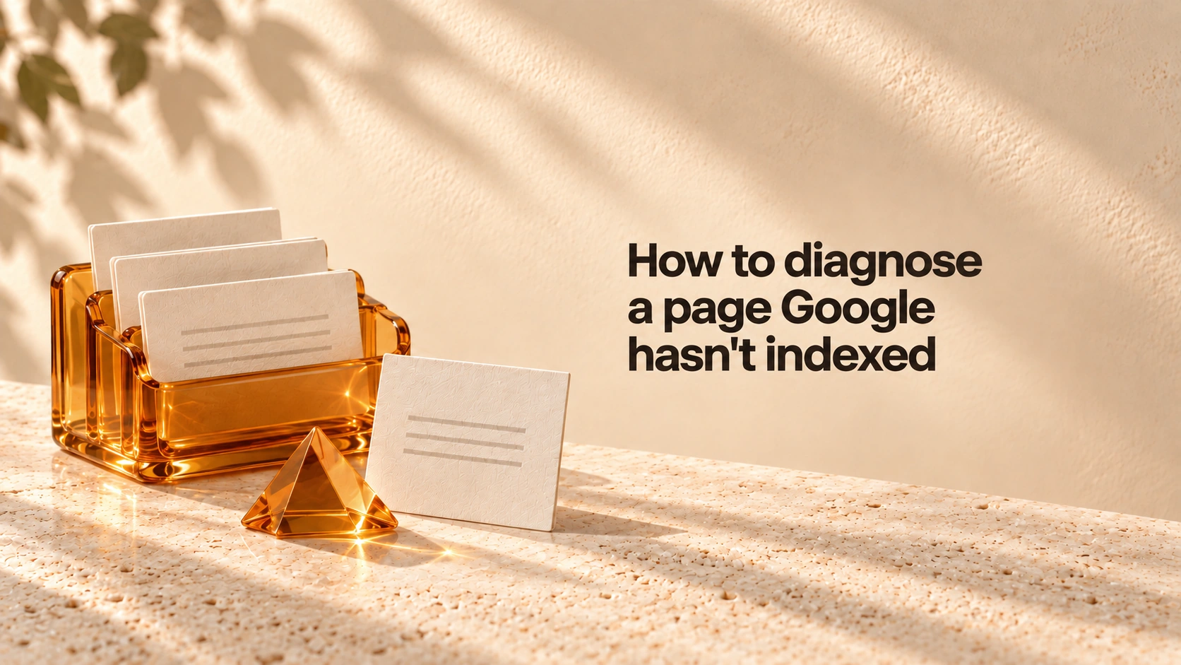 The title “How to diagnose a page Google hasn't indexed” appears in bold charcoal text on the right, beside an amber glass card organizer, ivory page cards, and an amber inspection prism on pale stone.