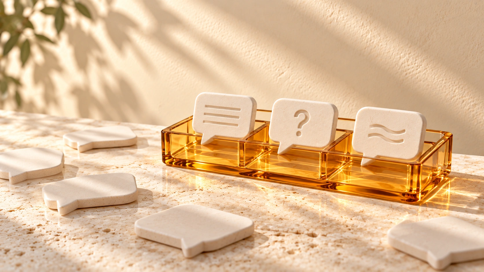 Three ivory speech-bubble tiles selected in an amber-glass sorting tray, with loose tiles nearby.
