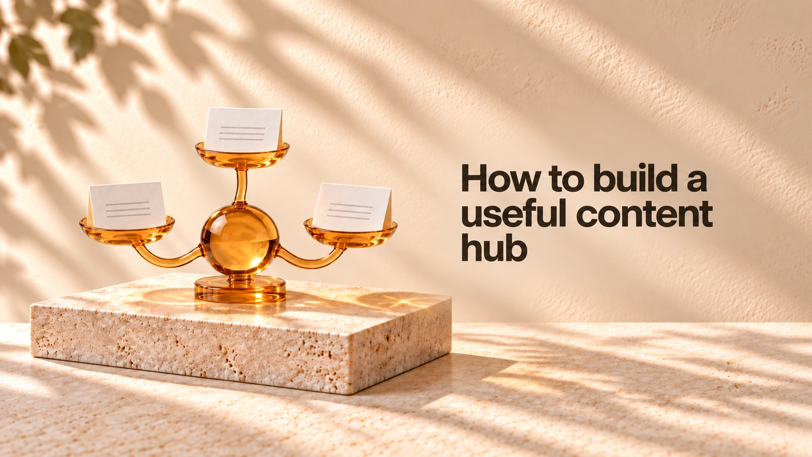 How to build a useful content hub, with the title beside an amber-glass hub holding three ivory page cards on travertine.