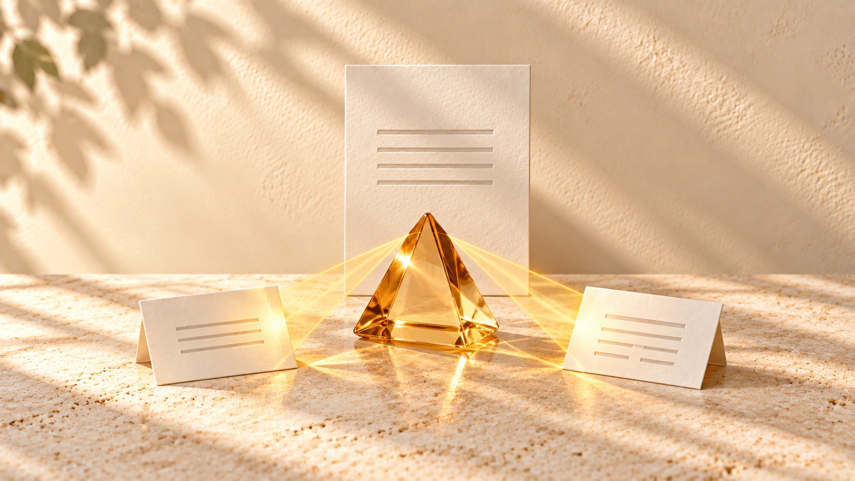 An amber-glass prism between a tall ivory page and two smaller cards with different line patterns.