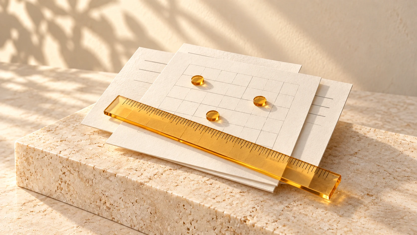 An amber glass ruler rests across ivory observation cards with three amber markers on a pale stone slab.