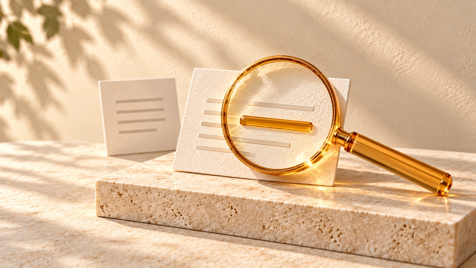 An amber glass magnifying lens highlights one raised line on an ivory page card, with another card behind it on pale stone.