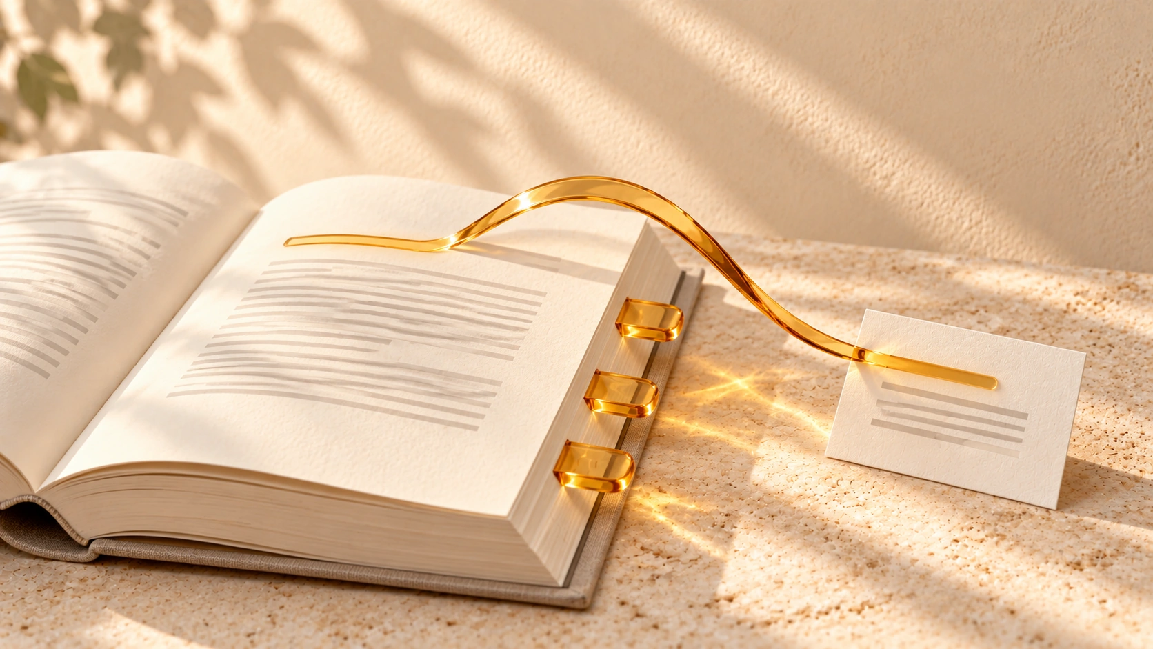 An amber-glass ribbon connects a passage in an open ivory book to a separate reference card.