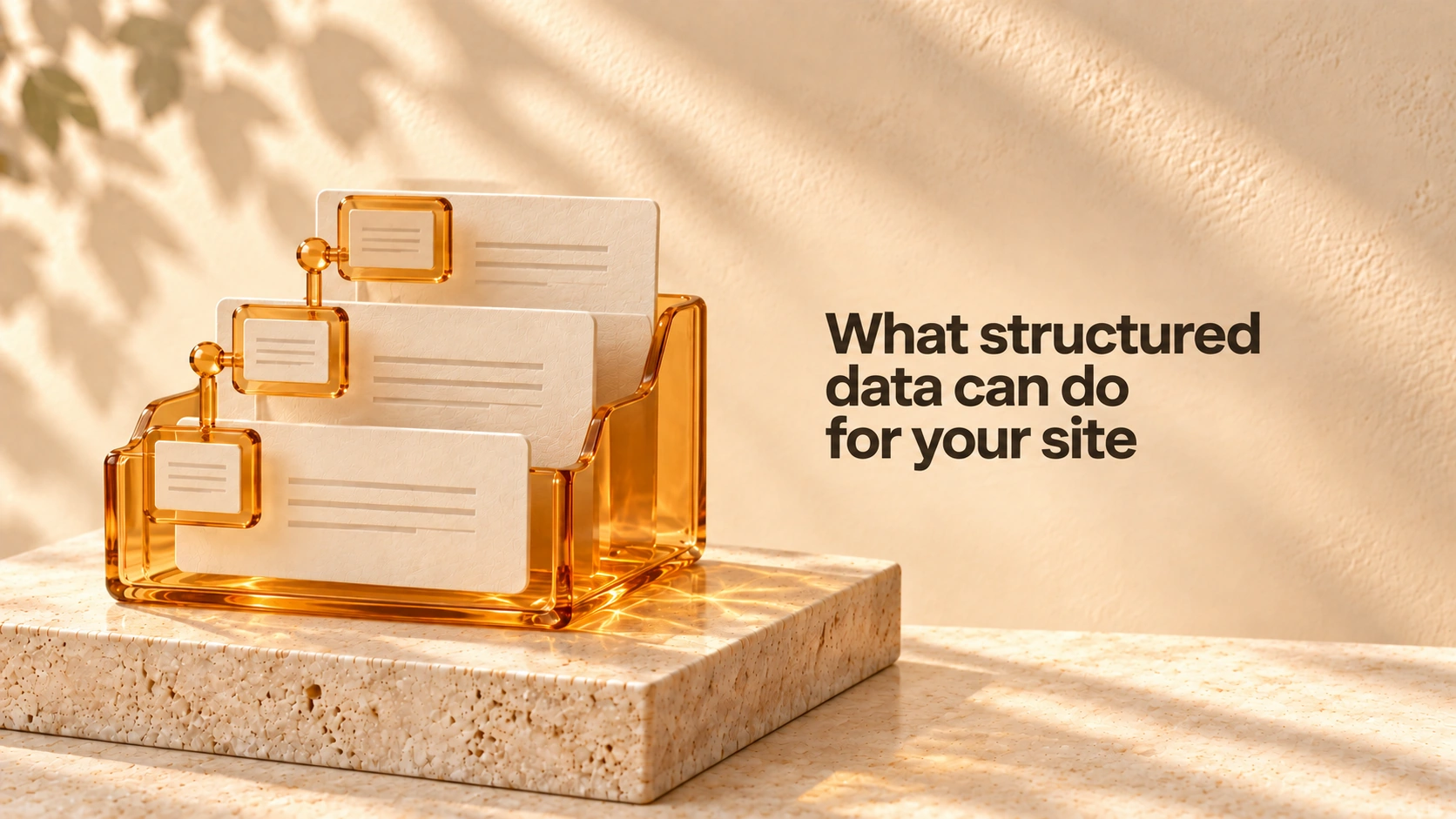 The title “What structured data can do for your site” in bold charcoal text on the right, beside an amber glass organizer with ivory documents and connected label frames on pale travertine.