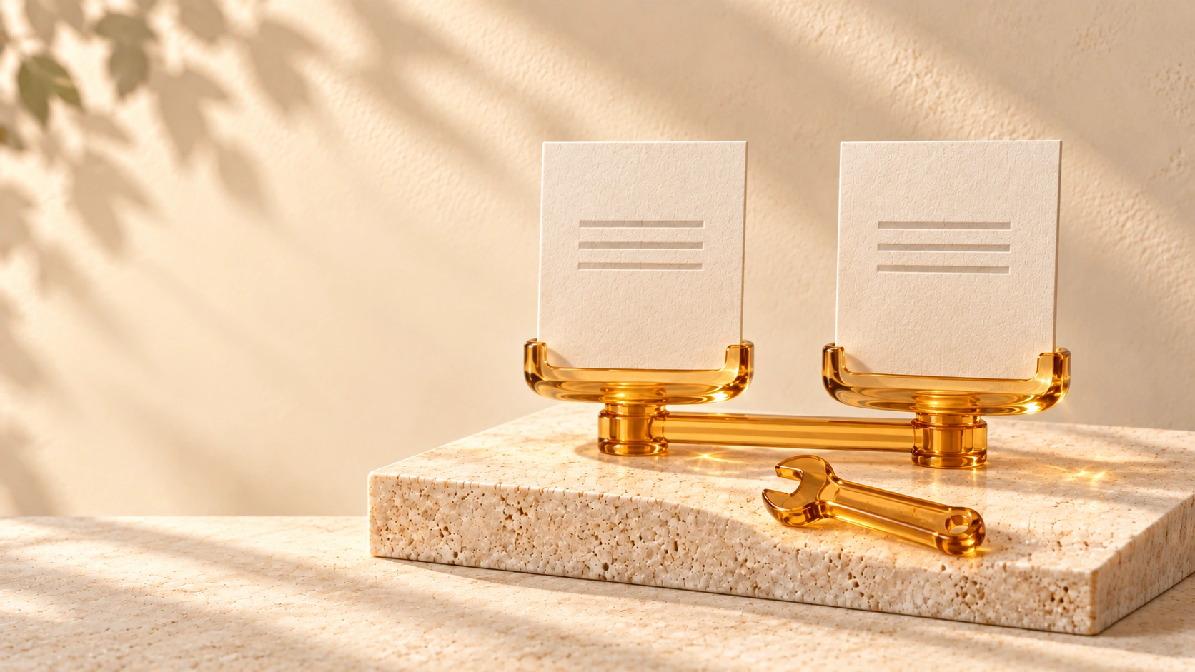 Two ivory page cards sit on amber glass supports joined by one fitting, with an amber glass adjustment tool beside them on pale stone.