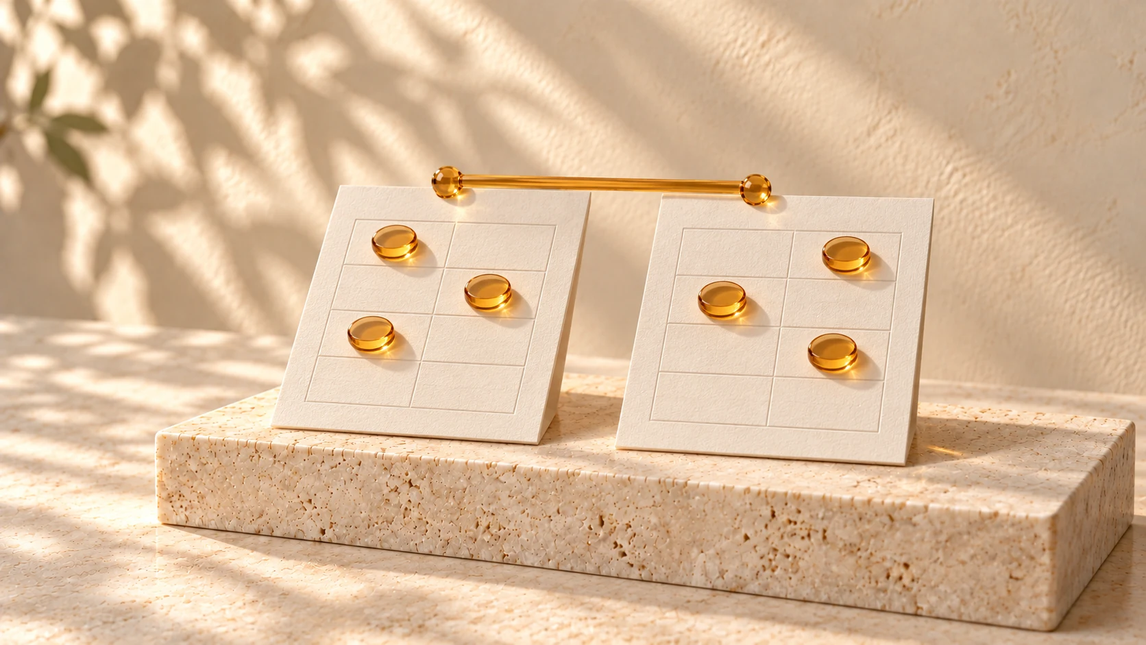 Two ivory grid cards hold different amber glass markers, linked by an amber glass bridge on a pale stone slab.