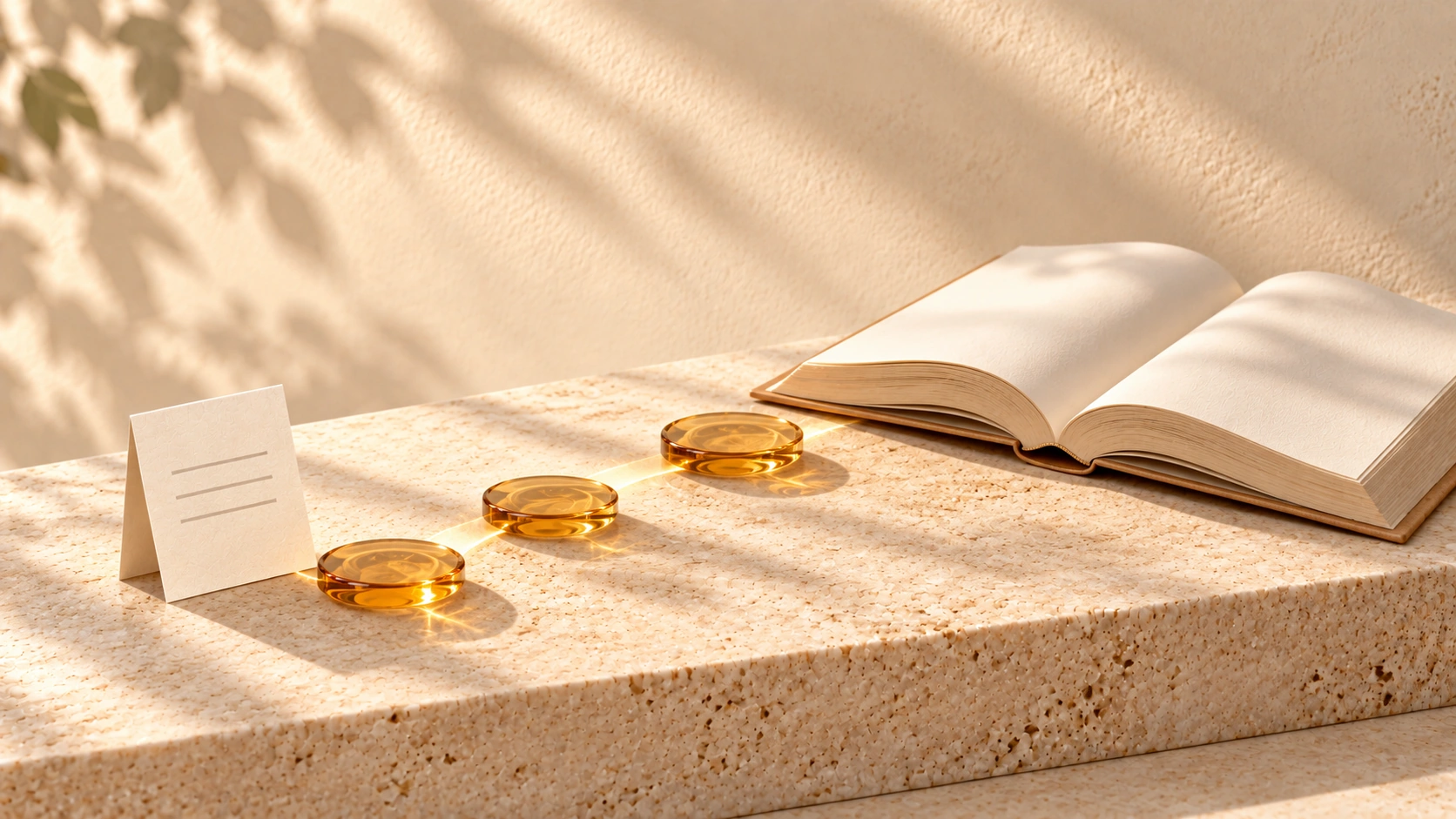 Three amber-glass stepping stones lead from an upright ivory page card to an open ivory book.