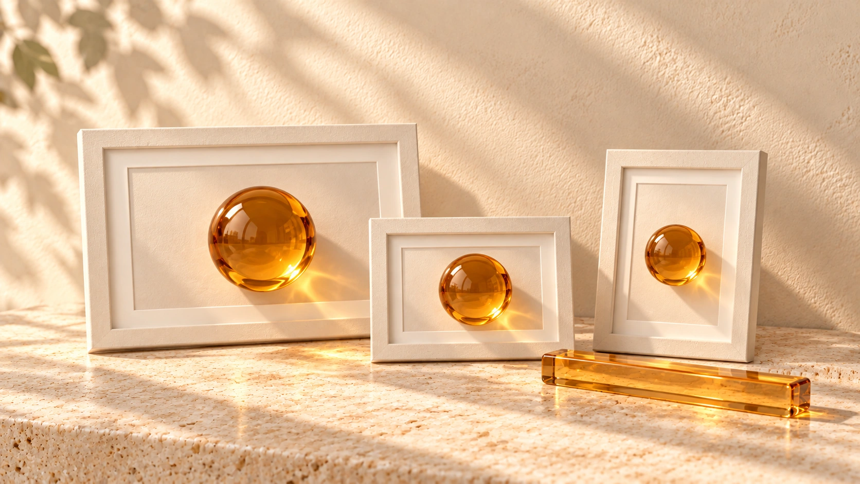 Three ivory picture frames of different shapes each hold an amber-glass sphere, beside an unmarked amber measuring bar.