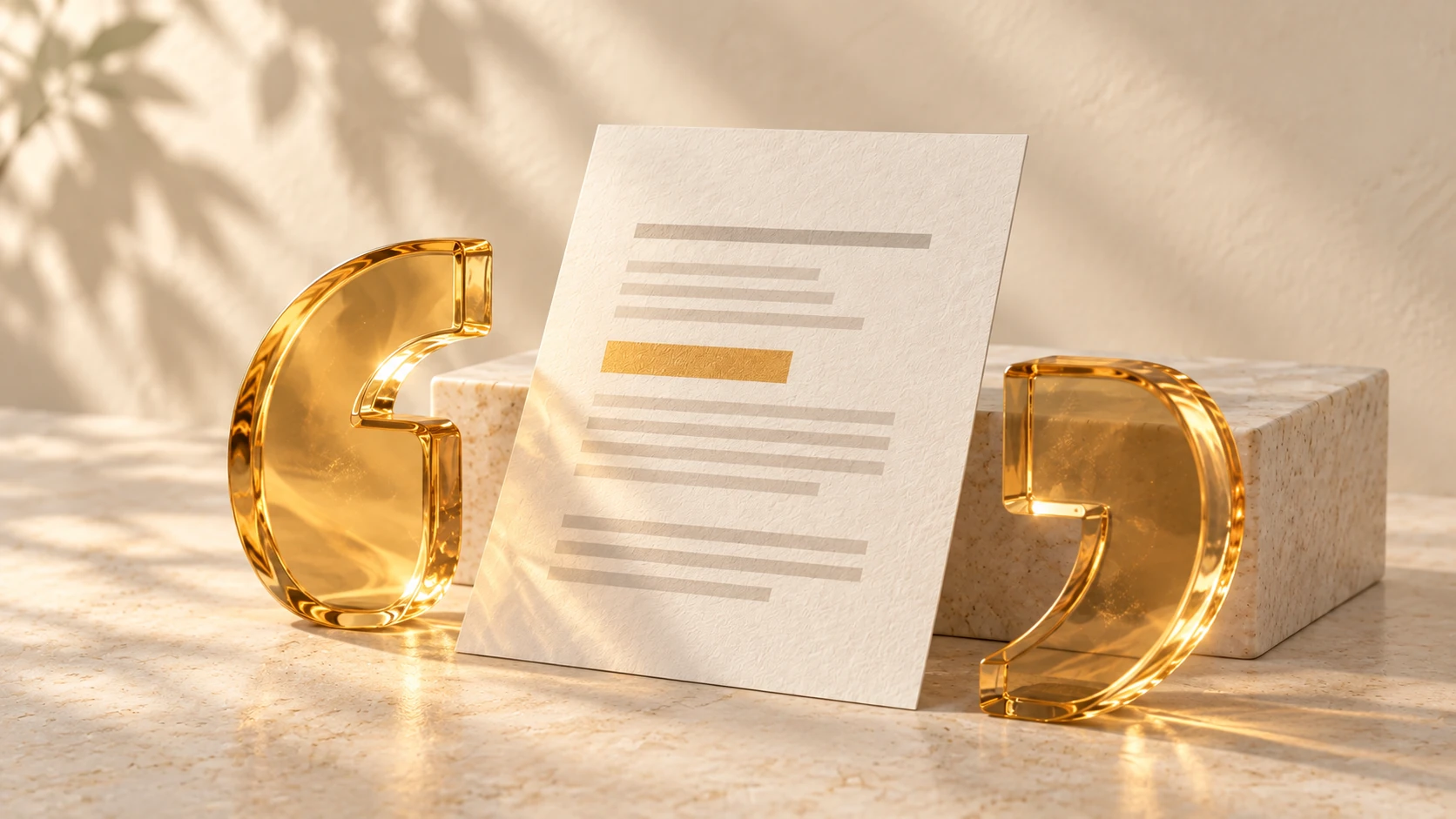 Amber glass quotation marks frame an ivory article card on pale stone in soft daylight.