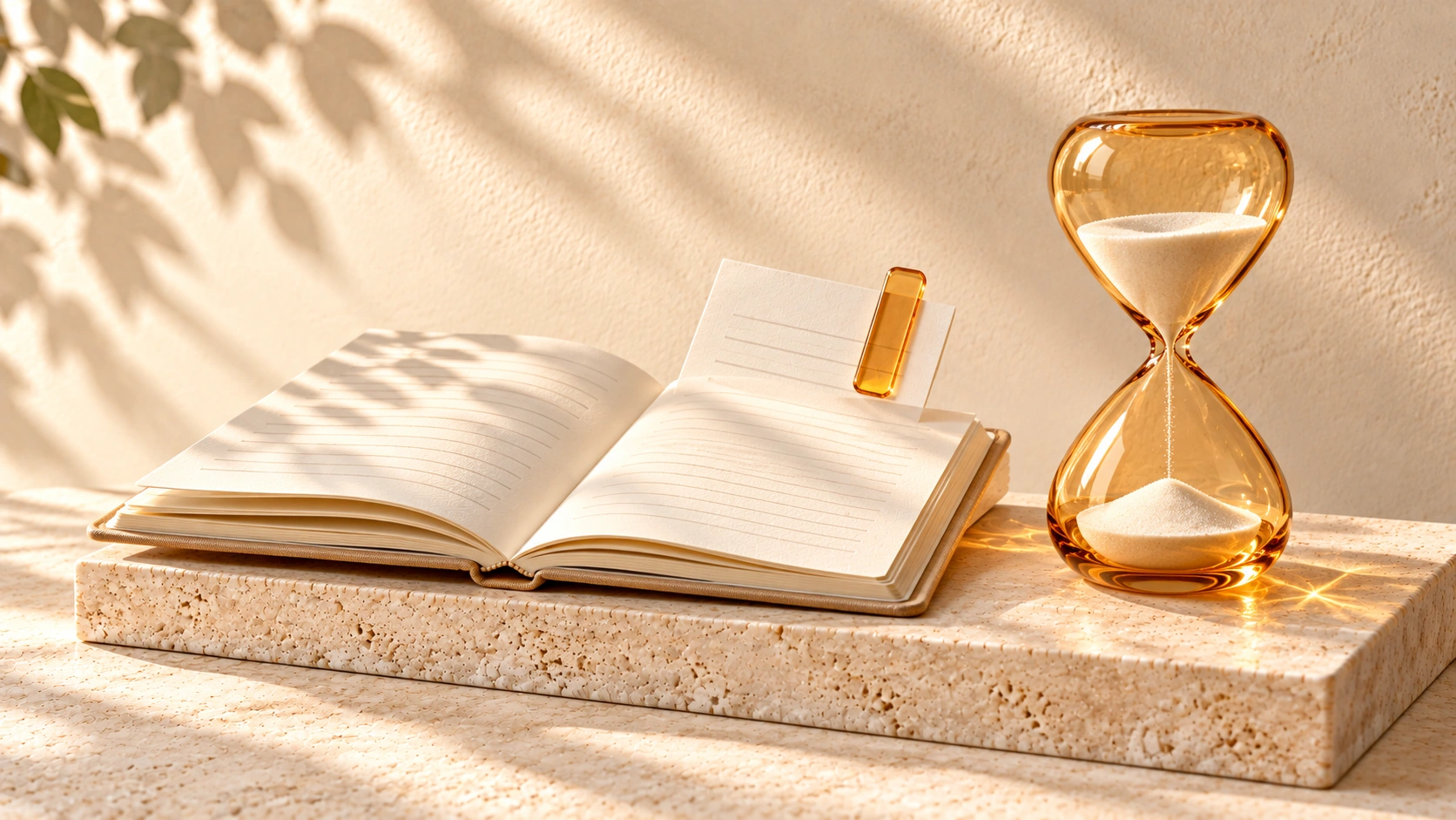 An amber-glass hourglass stands beside an open ivory notebook with a loose page and amber bookmark.