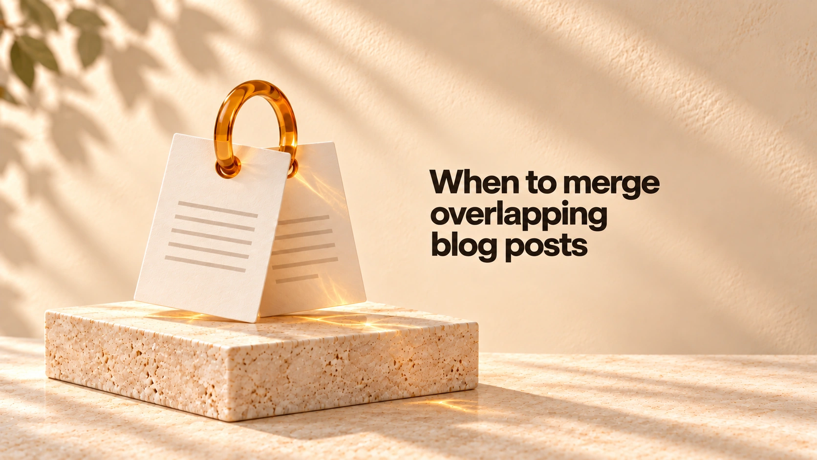 When to merge overlapping blog posts, beside two ivory page cards held together by an amber-glass binding ring.