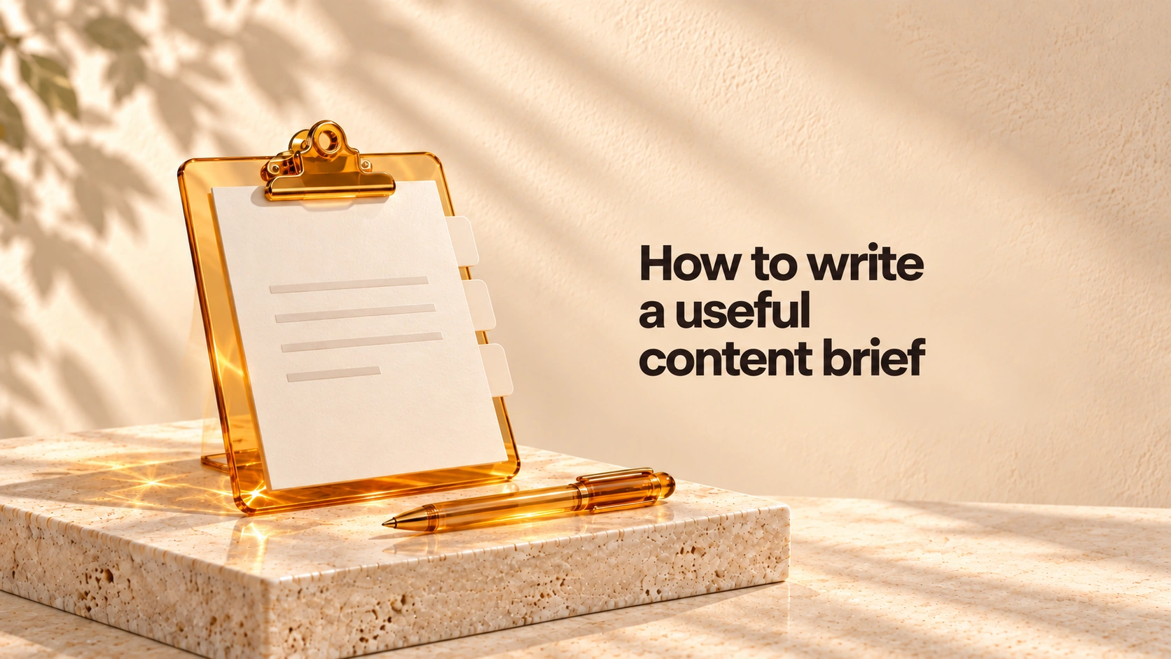 How to write a useful content brief — illustrated cover with an amber clipboard and pen.