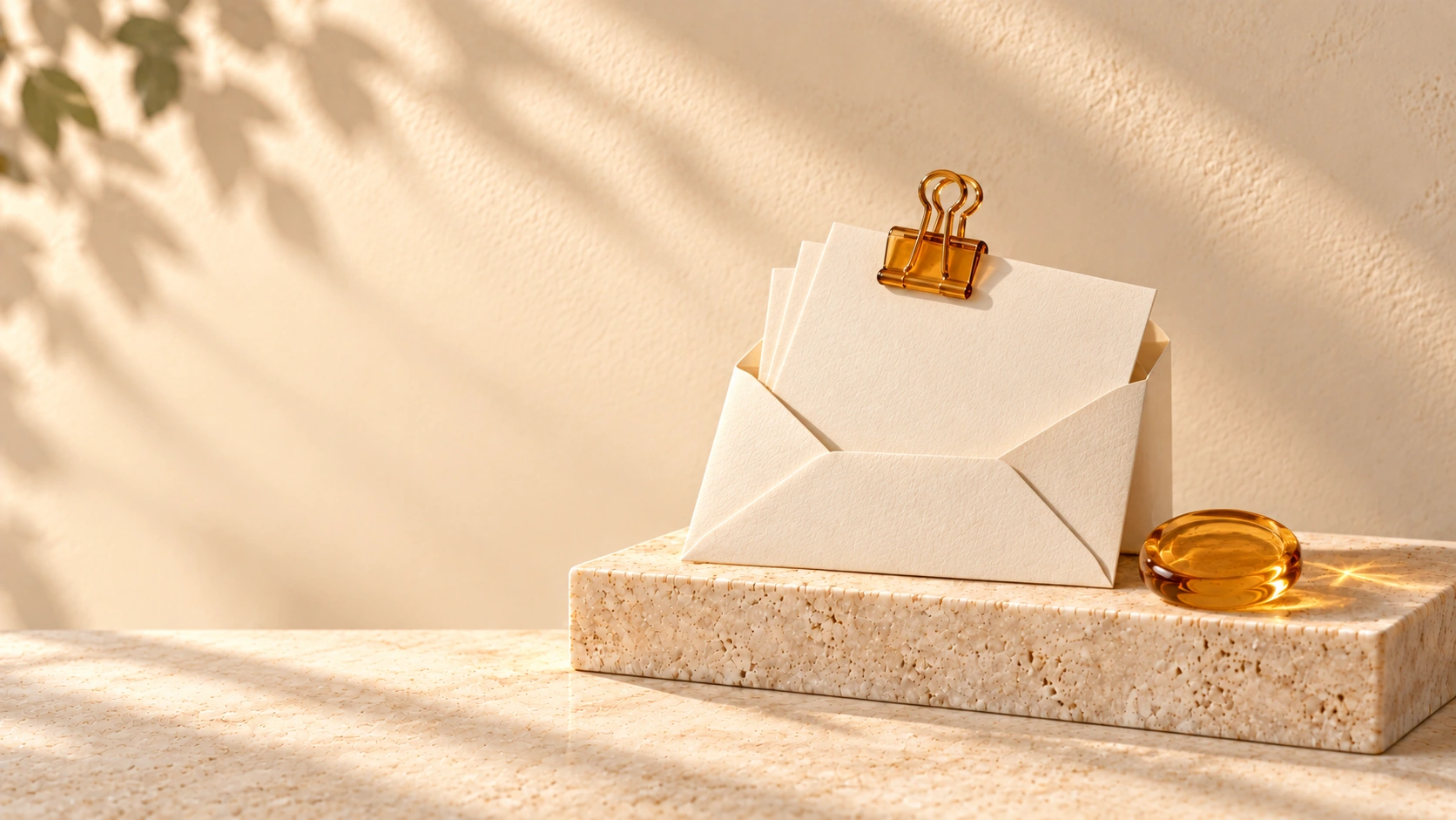 An ivory envelope holds picture cards joined by an amber-glass binder clip, with an amber seal beside it.