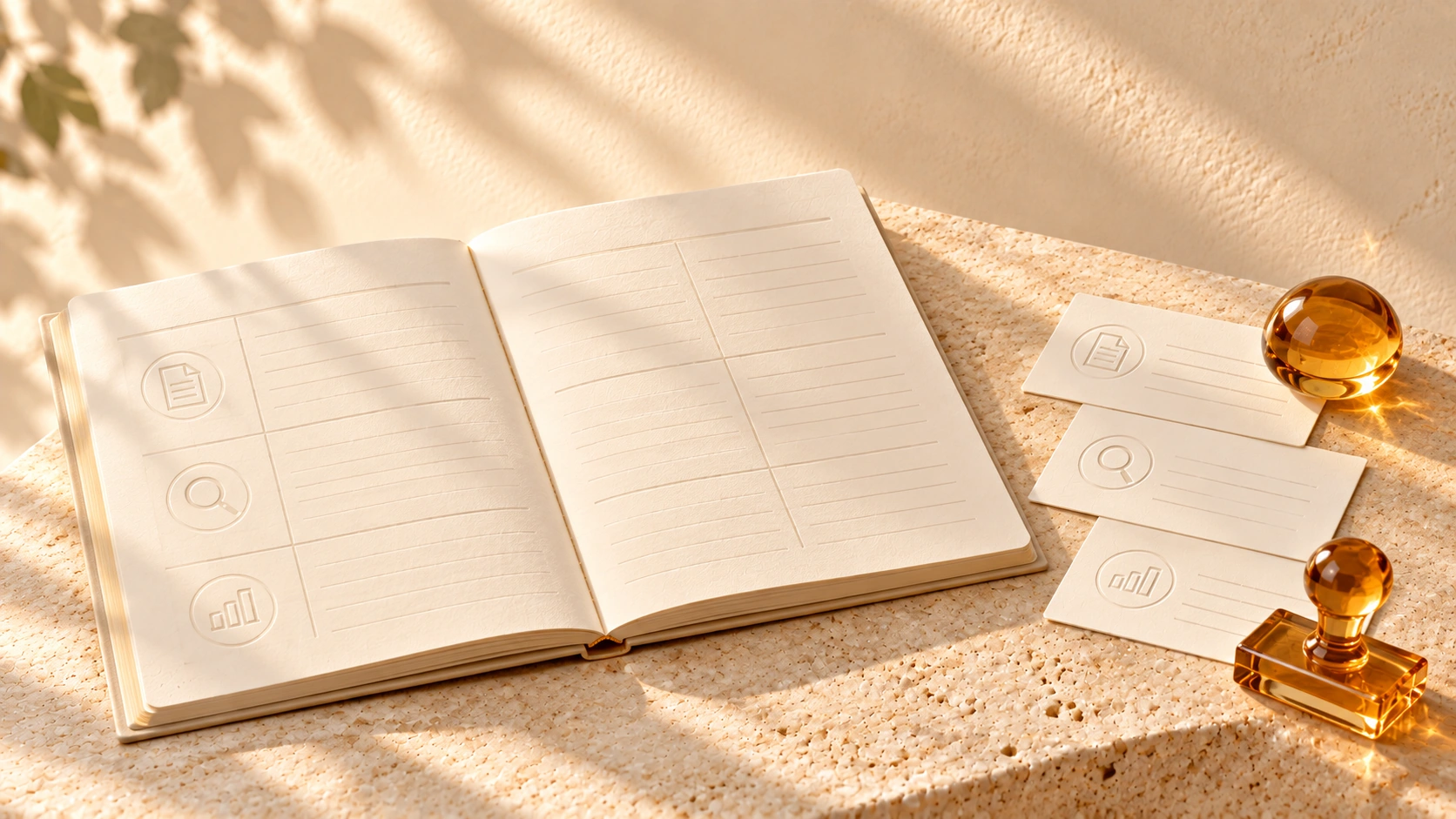 An ivory ledger and three cards beside an amber-glass paperweight and blank stamp.