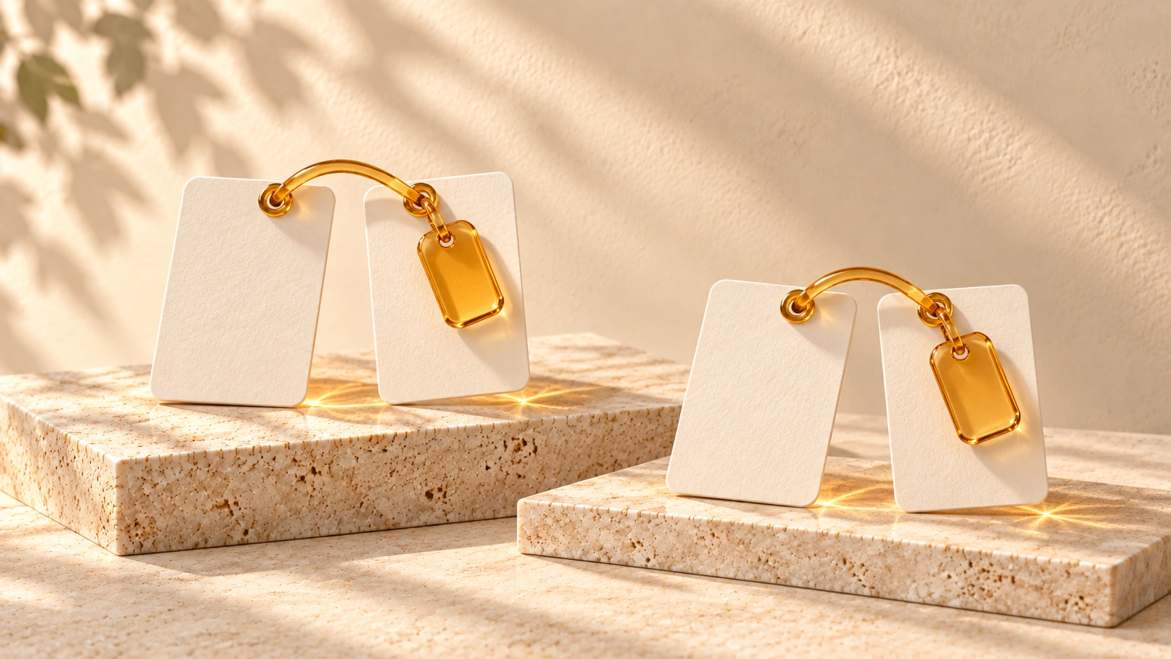 Two pairs of ivory page cards are joined by amber-glass cords and blank amber tags on pale stone.