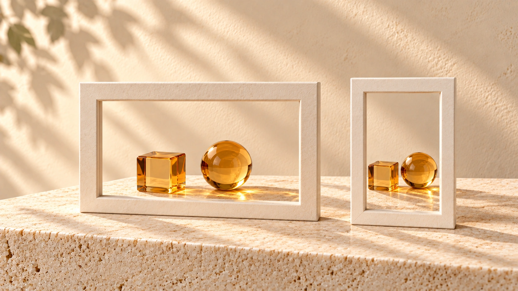 Wide and narrow ivory viewing frames each surround an amber-glass cube and sphere on pale stone.