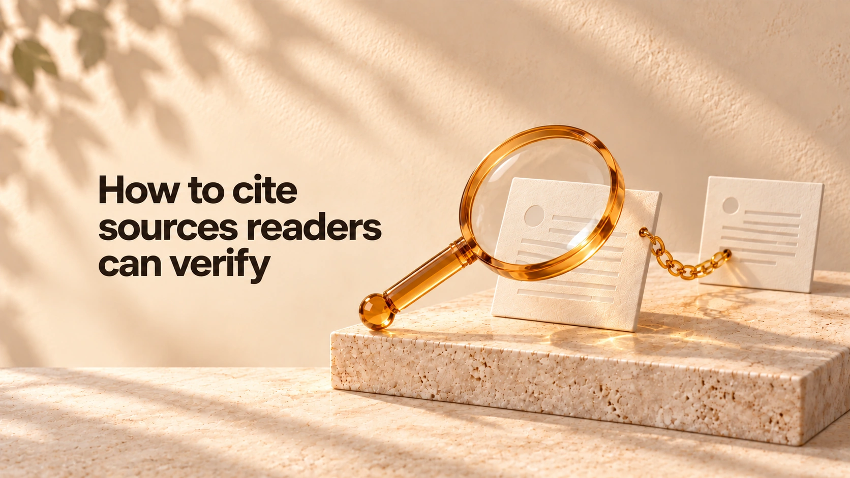 How to cite sources readers can verify, beside an amber-glass magnifying glass and two linked ivory cards.