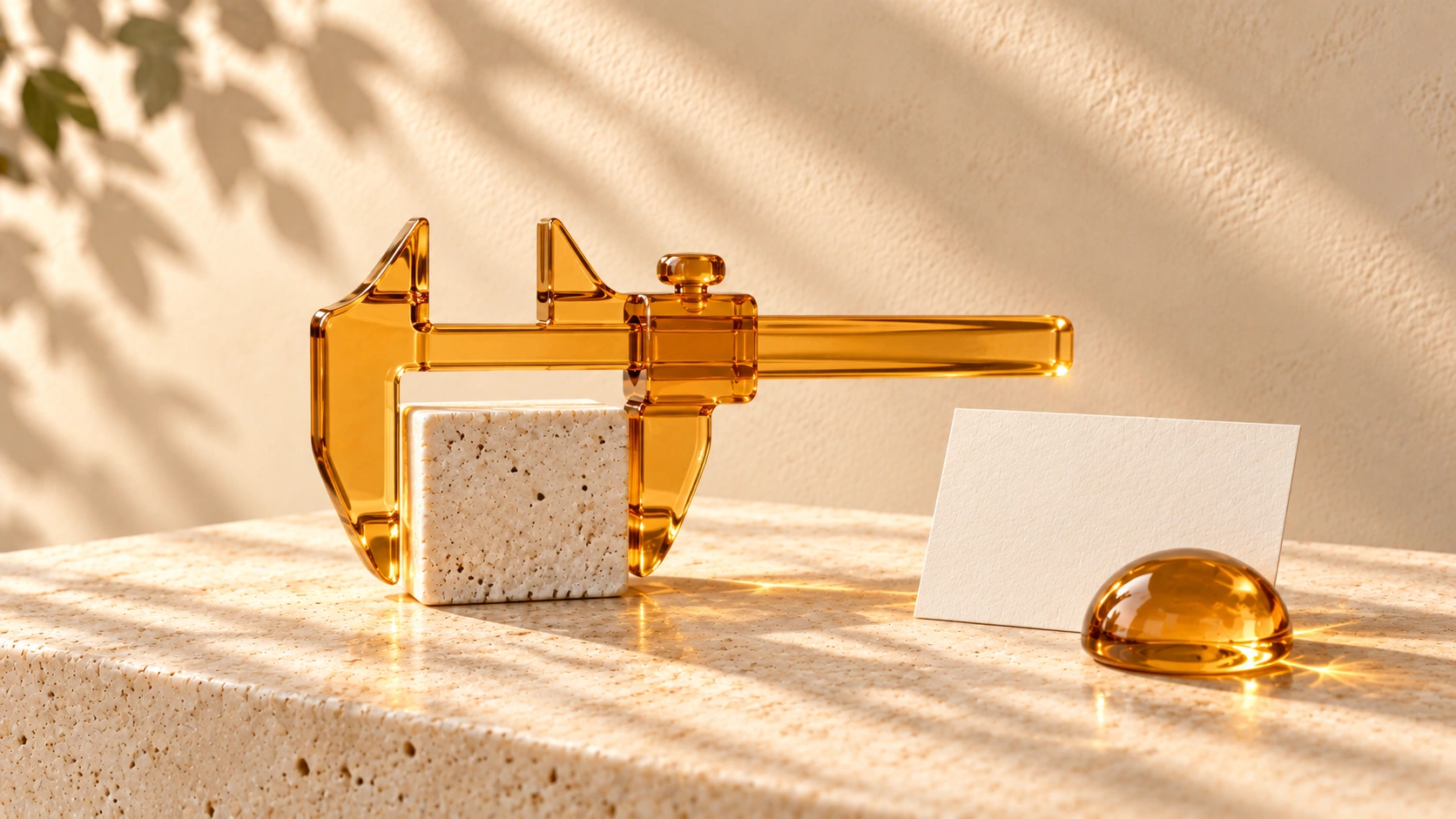 An amber-glass caliper frames a pale stone sample beside an ivory record card and glass paperweight.